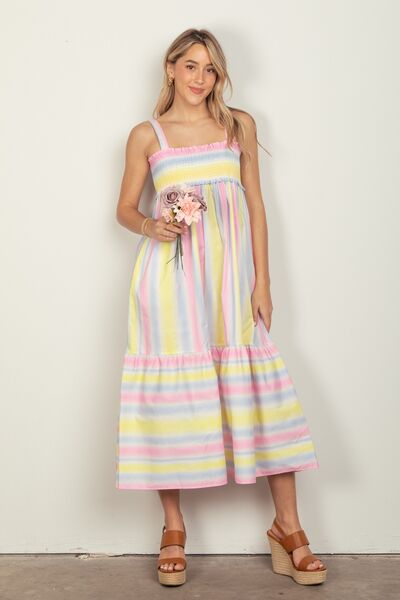 VERY J Striped Woven Smocked Midi Cami Dress Trandify deal