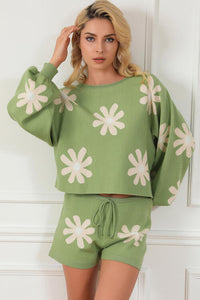 Flower Pattern Long Sleeve Sweater and Drawstring Shorts Set Trandify deal
