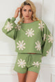 Flower Pattern Long Sleeve Sweater and Drawstring Shorts Set Trandify deal