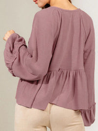 Notched Balloon Sleeve Peplum Blouse Trandify deal