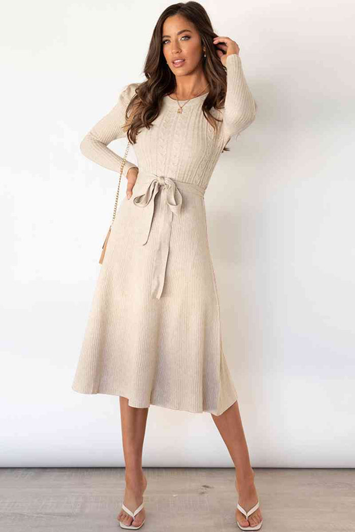 Round Neck Long Sleeve Tie Waist Sweater Dress Trandify deal