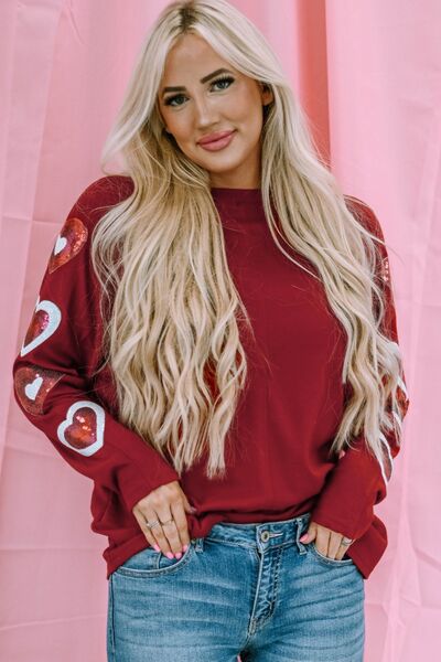Heart Sequin Round Neck Long Sleeve T-Shirt Trandify deal