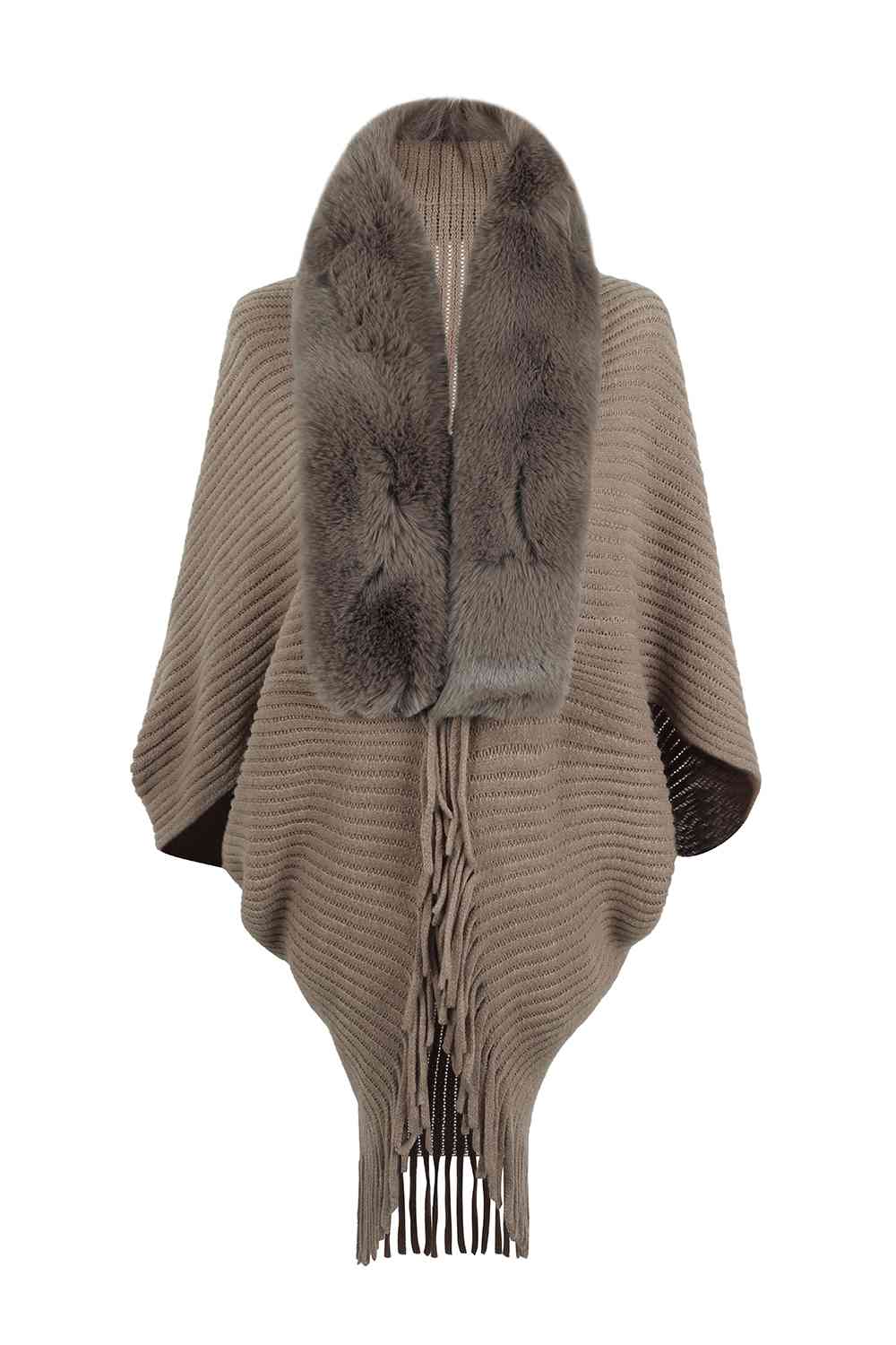 Fringe Detail Long Sleeve Ribbed Poncho Trandify deal