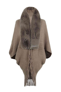 Fringe Detail Long Sleeve Ribbed Poncho Trandify deal