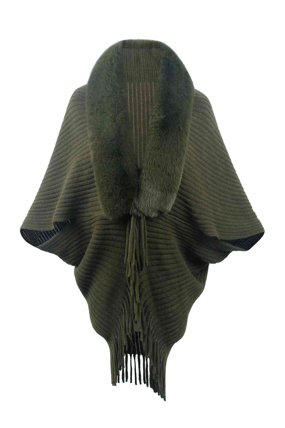 Fringe Detail Long Sleeve Ribbed Poncho Trandify deal