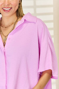 Zenana Texture Button Up Short Sleeve High-Low Shirt Trandify deal