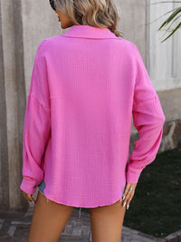 Textured Pocketed Button Up Dropped Shoulder Shirt Trandify deal