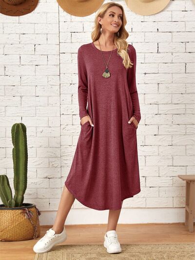 Pocketed Round Neck Long Sleeve Tee Dress Trandify deal