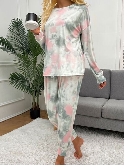 Tie-Dye Round Neck Top and Drawstring Pants Lounge Set Trandify deal