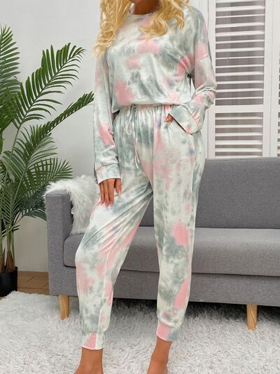 Tie-Dye Round Neck Top and Drawstring Pants Lounge Set Trandify deal