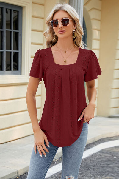 Eyelet Square Neck Short Sleeve T-Shirt Trandify deal