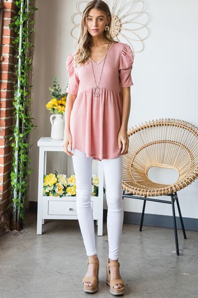 Heimish Full Size Waffle Knit V-Neck Babydoll Top Trandify deal