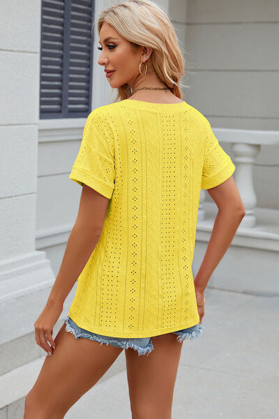 Eyelet V-Neck Short Sleeve T-Shirt Trandify deal