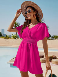Smocked V-Neck Short Sleeve Dress Trandify deal