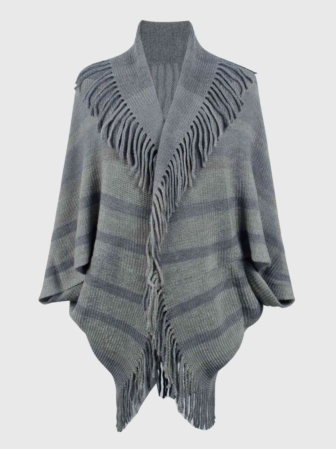 Fringe Detail Open Front Poncho in [Gray] – Boho Chic Style by TrandifyDeal