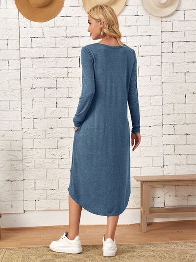Pocketed Round Neck Long Sleeve Tee Dress Trandify deal