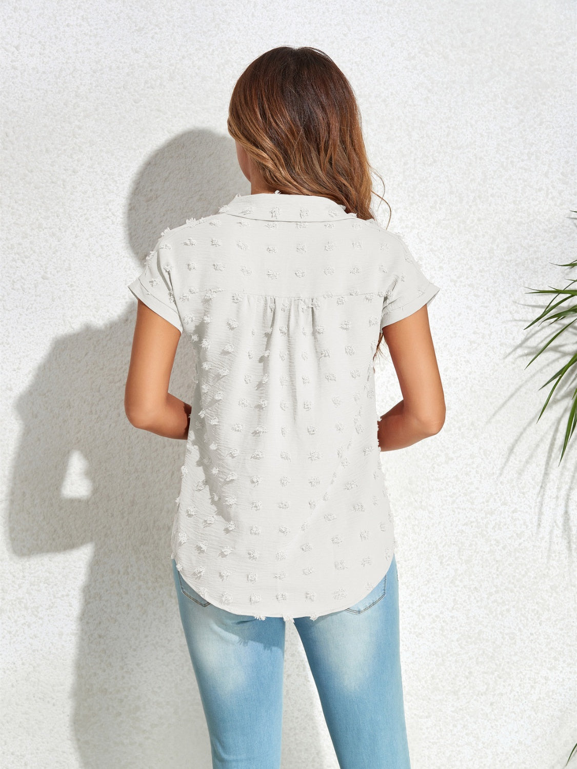 Swiss Dot Button Up Cap Sleeve Shirt Trandify deal
