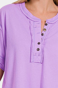 Zenana Exposed Seam Half Button Short Sleeve Top Trandify deal