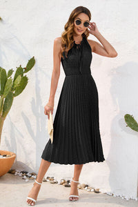 Swiss Dot Tie Neck Sleeveless Dress Trandify deal