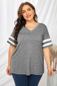 Plus Size Striped V-Neck Tee Shirt Trandify deal
