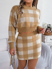 Plaid Round Neck Top and Skirt Sweater Set Trandify deal