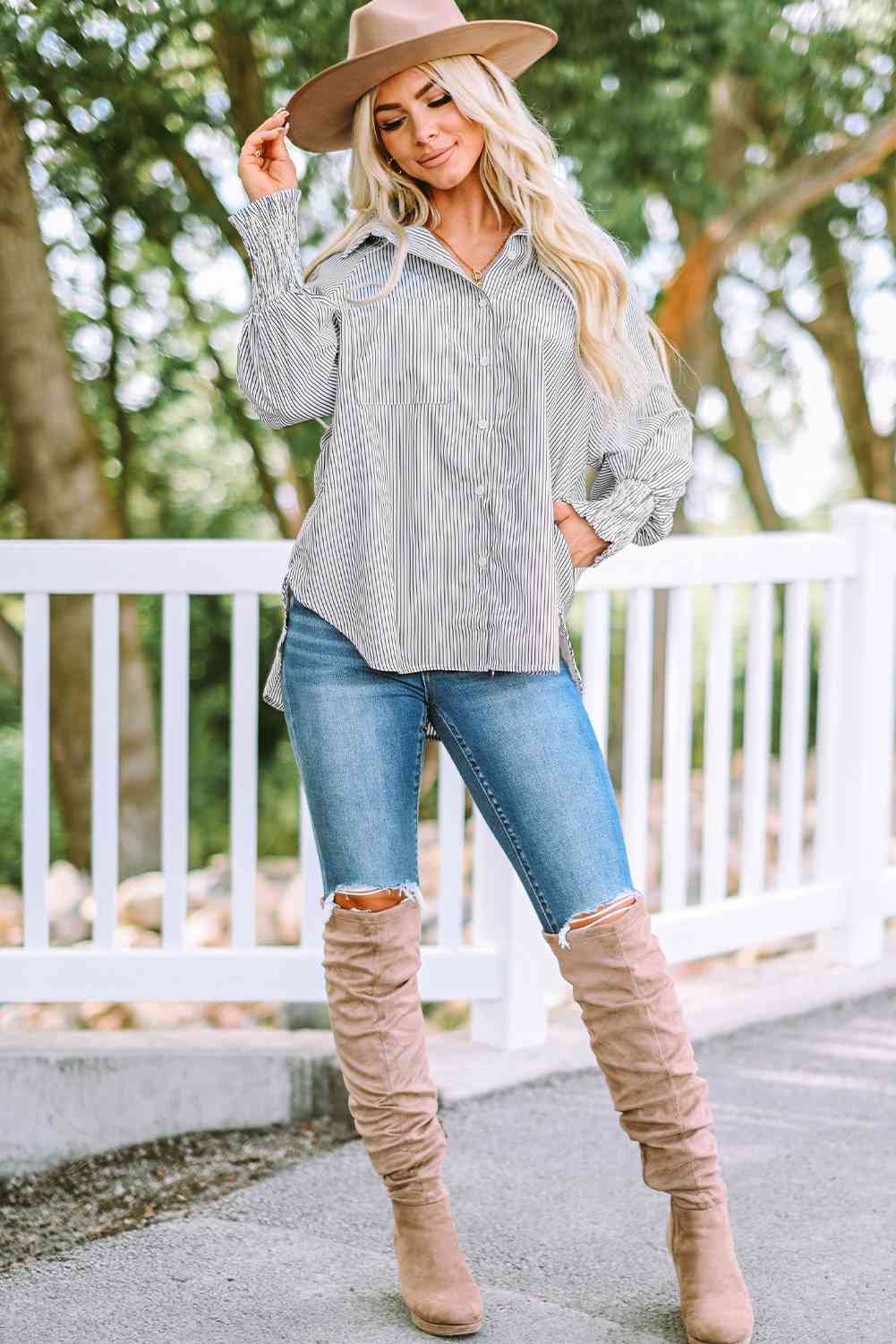 Striped Lantern Sleeve Collared Shirt Trandify deal