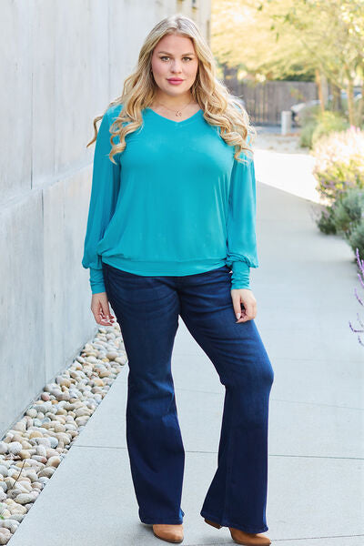 Basic Bae Full Size V-Neck Lantern Sleeve Blouse Trandify deal