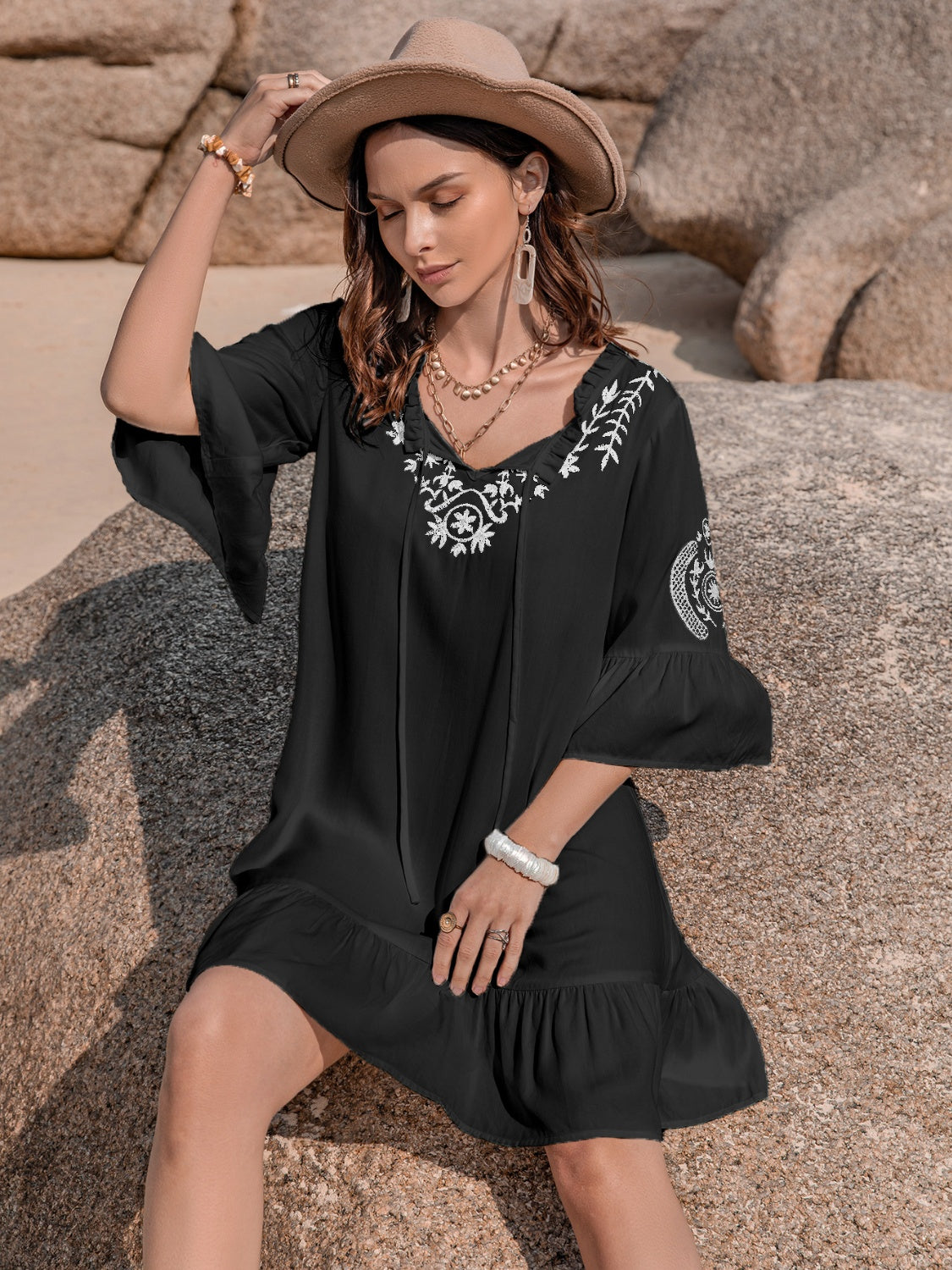 Printed Tie Neck Flounce Sleeve Mini Dress Trandify deal