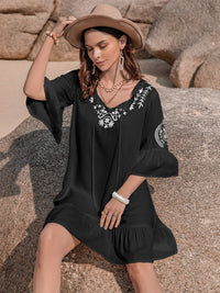 Printed Tie Neck Flounce Sleeve Mini Dress Trandify deal
