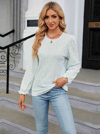 Printed Round Neck Flounce Sleeve Blouse Trandify deal