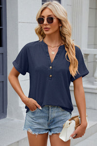 Eyelet Notched Short Sleeve T-Shirt Trandify deal