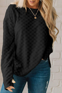 Checkered Round Neck Long Sleeve T-Shirt Trandify deal