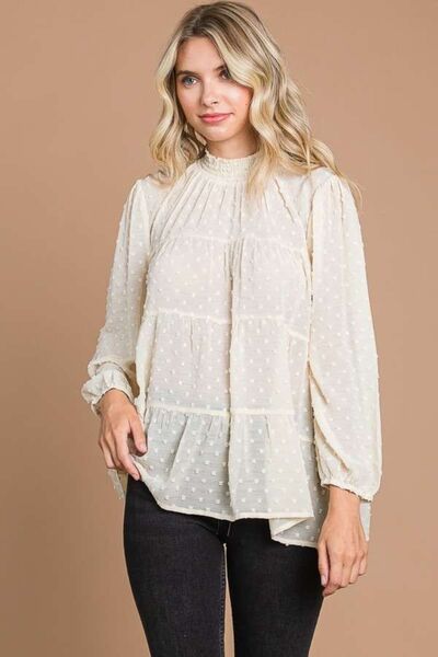 Culture Code Full Size Swiss Dot Smocked Mock Neck Blouse Trandify deal