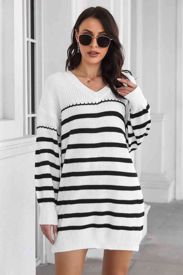 Striped V-Neck Drop Shulder Sweater Dress Trandify deal