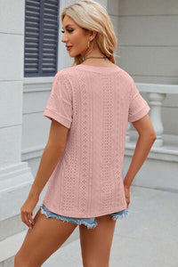 Eyelet V-Neck Short Sleeve T-Shirt Trandify deal