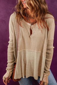 Notched Neck Long Sleeve Slit Blouse Trandify deal