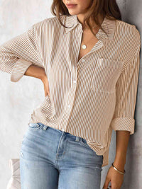 Striped Collared Neck Shirt with Pocket Trandify deal