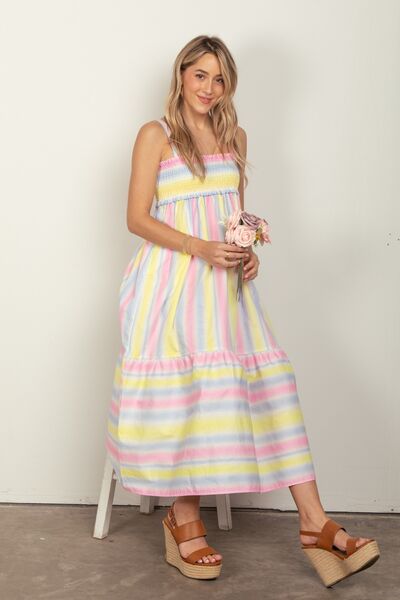 VERY J Striped Woven Smocked Midi Cami Dress Trandify deal