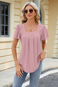 Eyelet Square Neck Short Sleeve T-Shirt Trandify deal