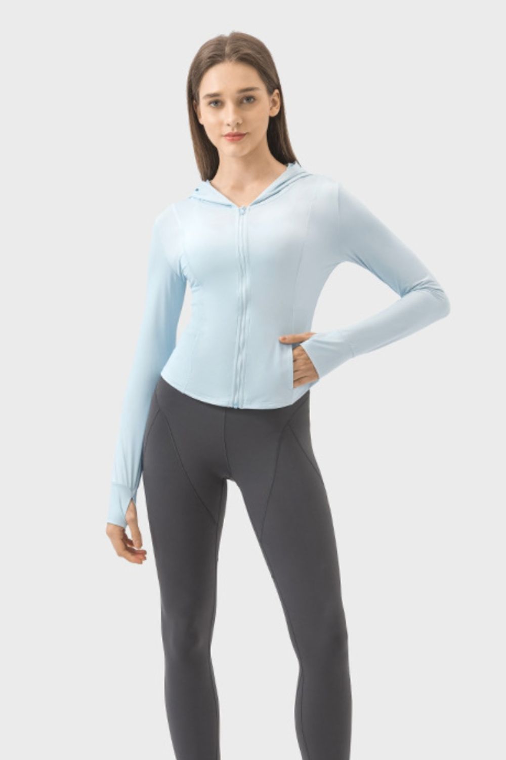 Pocketed Zip Up Hooded Long Sleeve Active Outerwear Trandify deal