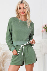 Round Neck Long Sleeve Top and Drawstring Shorts Lounge Set Trandify deal