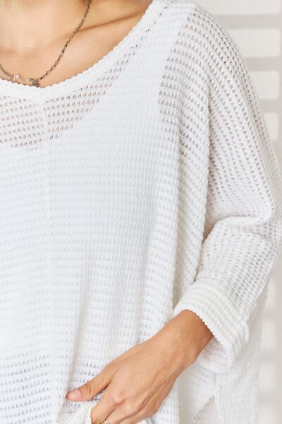 Zenana Full Size Waffle Knit V-Neck Long Sleeve Slit Top Trandify deal