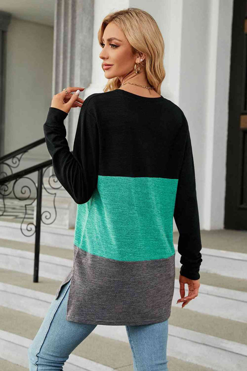 Color Block Round Neck Long Sleeve Slit T-Shirt Trandify deal