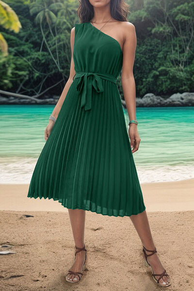 Perfee Pleated Single Shoulder Tie Waist Midi Dress Trandify deal