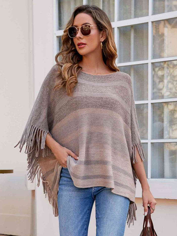 Striped Boat Neck Poncho with Fringes - TrendifyDeal’s Boho Chic Fashion Essential