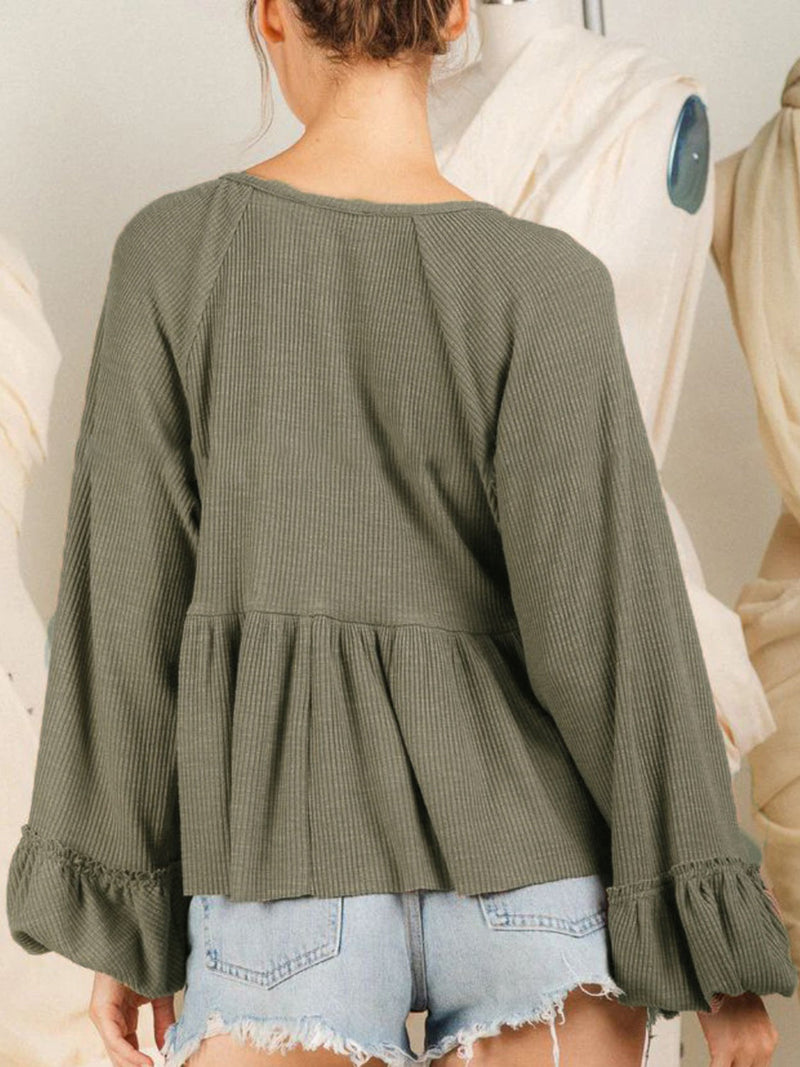 Notched Balloon Sleeve Peplum Blouse Trandify deal