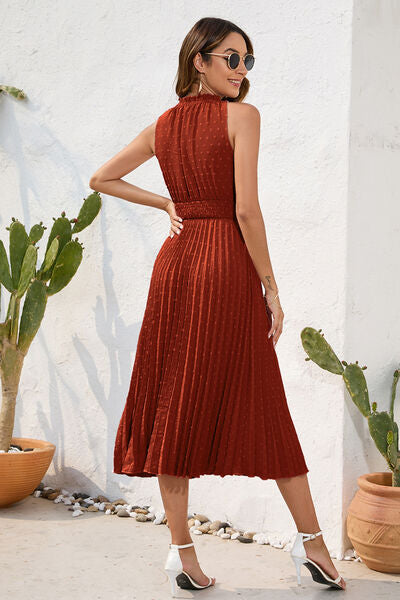 Swiss Dot Tie Neck Sleeveless Dress Trandify deal