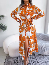 Tied Button Up Long Sleeve Dress Trendsi