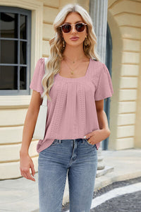 Eyelet Square Neck Short Sleeve T-Shirt Trandify deal