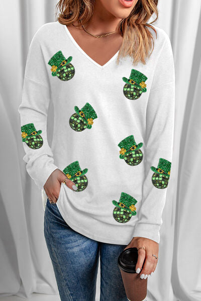 Sequin V-Neck Long Sleeve T-Shirt Trandify deal